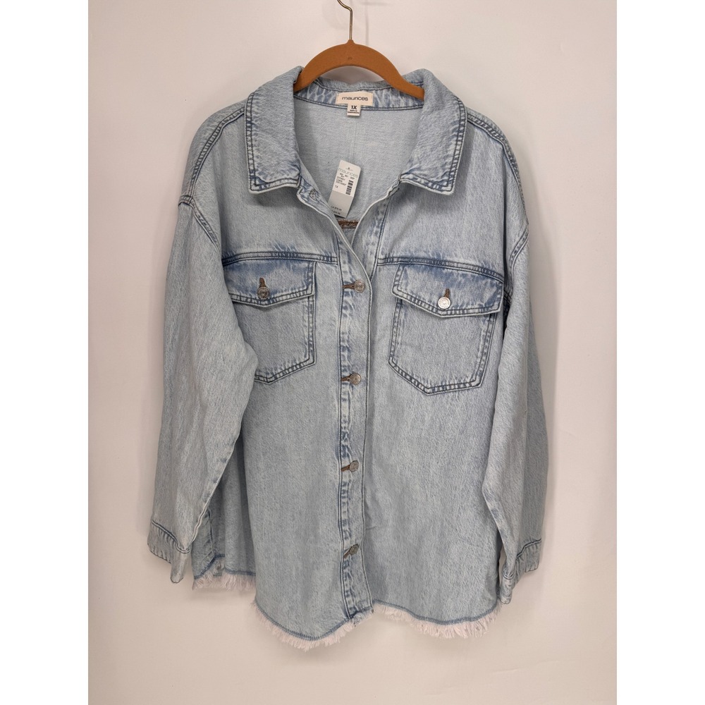 Maurices Denim Jacket Womens 1X Light Wash NWT Frayed Hem Oversized Shacket
